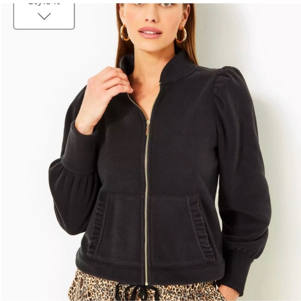 NWT Lilly Pulitzer Cabello Fleece Zip Up Black Ruffle Sz XXS - Picture 2 of 7